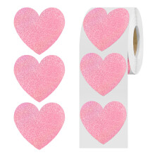 Pink Heart Stickers 1.5"""" Glitter Valentines Stickers 500 per Roll Valentine's Day Decorations(Pink)