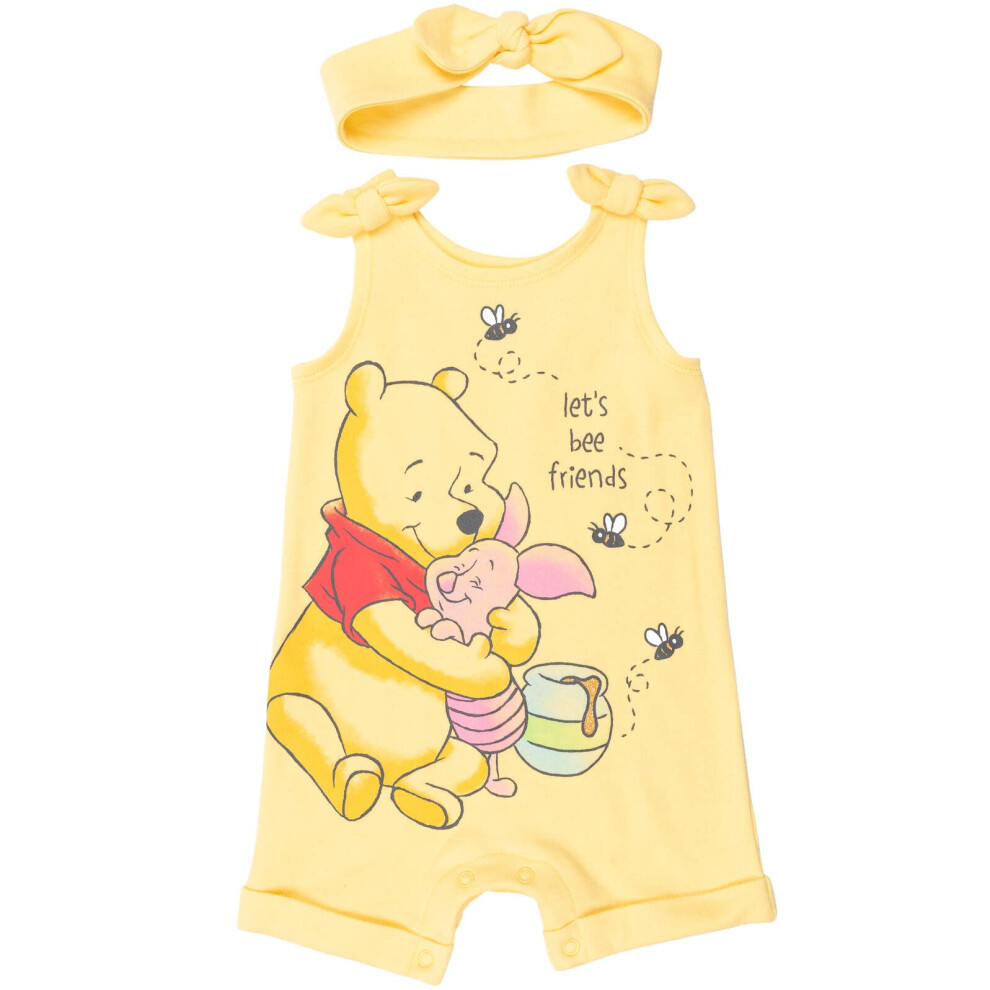 Disney Winnie The Pooh Newborn Baby Girls Snap Romper And Headband 6-9 Months Yellow