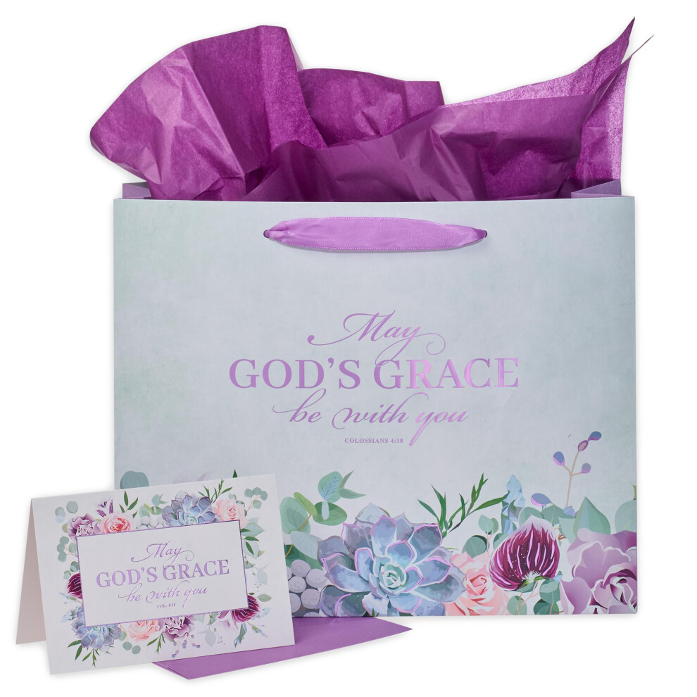 Christian Art Gifts Geschenktte Im Querformat Mit Karte Und Seidenpapier-Set Gottes Gnade Kolosser 4:18, Inspirierender Bibelvers, Lila/Blau-image