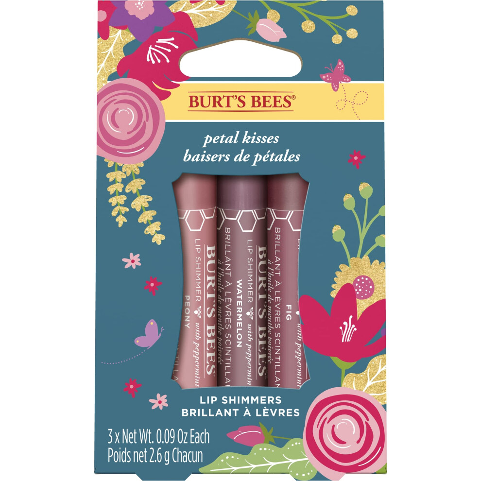 Burt's Bees Lip Colour Gift Set  3 Lip Shimmers in Peony  Rhubarb and Fig Shades  Petal Kisses  3x2.6g