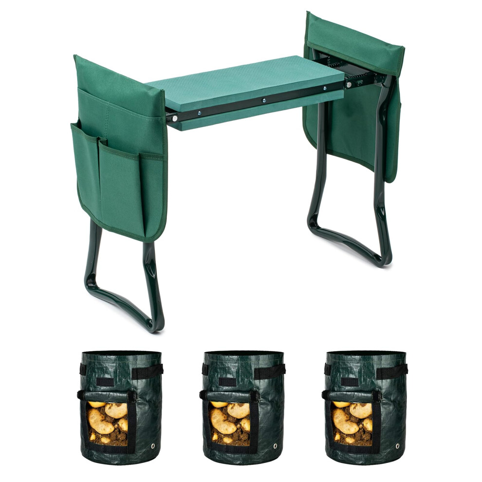 Ipower 2-In-1-Garten-Kniebank Und -Sitz Mit 3Er-Packung 10-Gallonen-Kartoffel-Anzuchts Cken, 2 Abnehmbaren Werkzeugtaschen Und Weicher Knieunterl-image