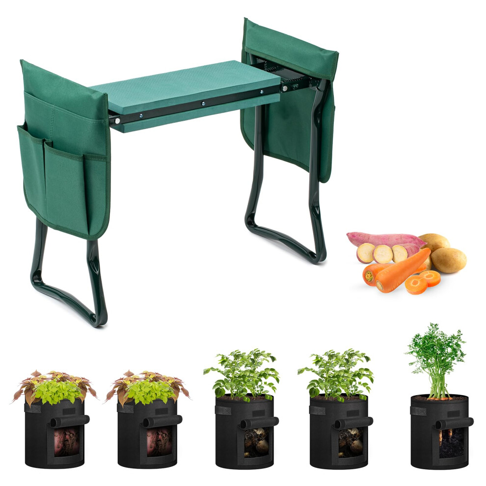iPower 2-in-1 Garden Kneeler and Seat with 5 Pack 10 Gallon Potato Grow Bags 2 Removable Tools Pouch and Soft Kneeling Pad No Assembly Portable Hea