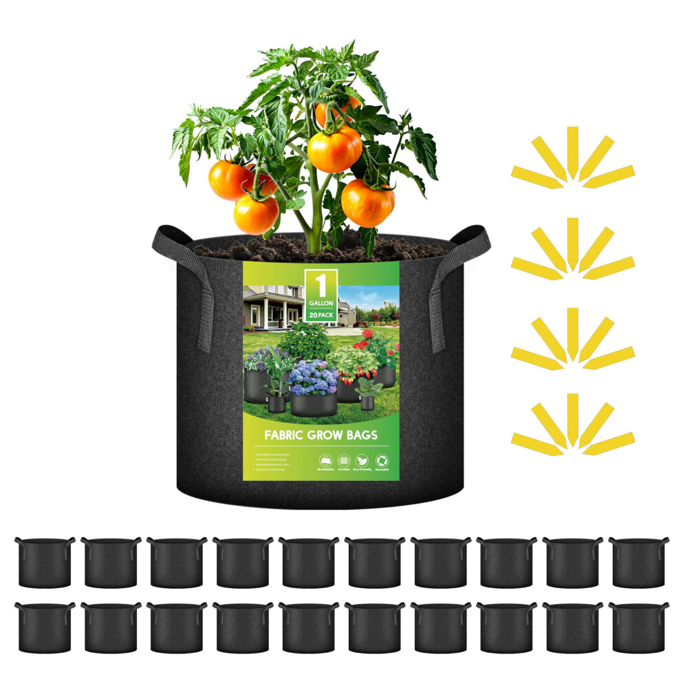 iPower 20 Pack 1 Gallon Grow Bags 300G Thickened Sturdy Plant Fabric Pots with 20 Labels and Handles Aeration Garden Cloth Planter Bag for Outdoor Fr