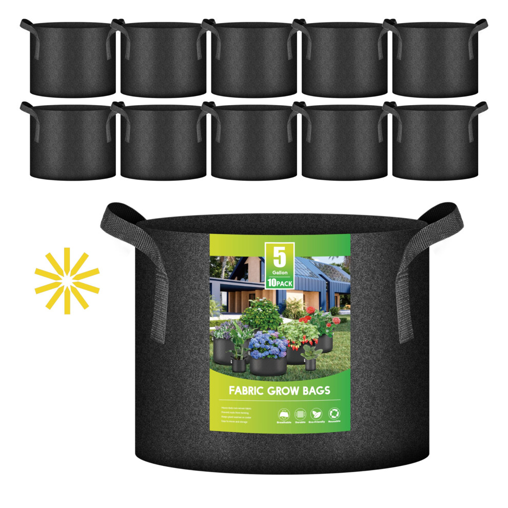 iPower 5-Gallon 10-Pack Plant Grow Bags Nonwoven Fabric Pots Aeration Container with Strap Handles for Garden and Planting 5 Gallon Black