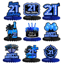 Feliz aniversrio de 21 anos, peas centrais em favo de mel, 9 peas, elegante, sofisticado, azul neon, decorao de mesa com tema para meninos,