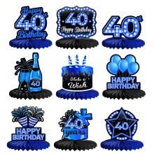 Feliz aniversrio de 40 anos, peas centrais em favo de mel, 9 peas, elegante, sofisticado, azul neon, decorao de mesa com tema para meninos,