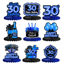 Feliz aniversrio de 30 anos, peas centrais em favo de mel, 9 peas, elegante, sofisticado, azul neon, decorao de mesa com tema para meninos,