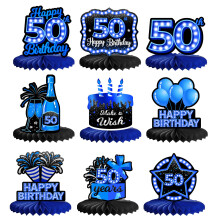 Feliz 50 aniversrio de favo de mel, 9 peas, elegante, sofisticado, azul neon, decorao de mesa com tema para meninos, meninas, festa de anive