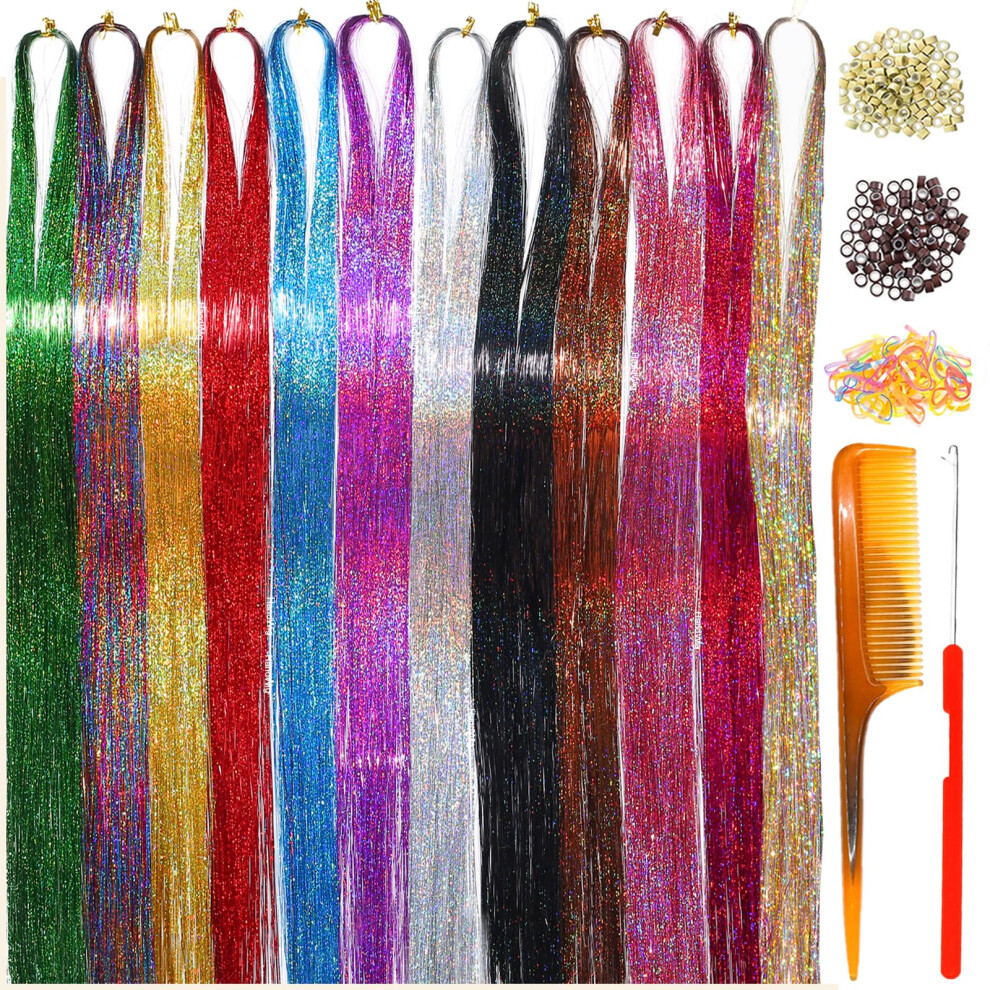Handwig Hair Tinsel Tools Kit Fairy Hair Strands For Women & Girls Easy Apply Hair Highlights For Party Festival & Daily Use (12 Colors+Tools 47 Inc