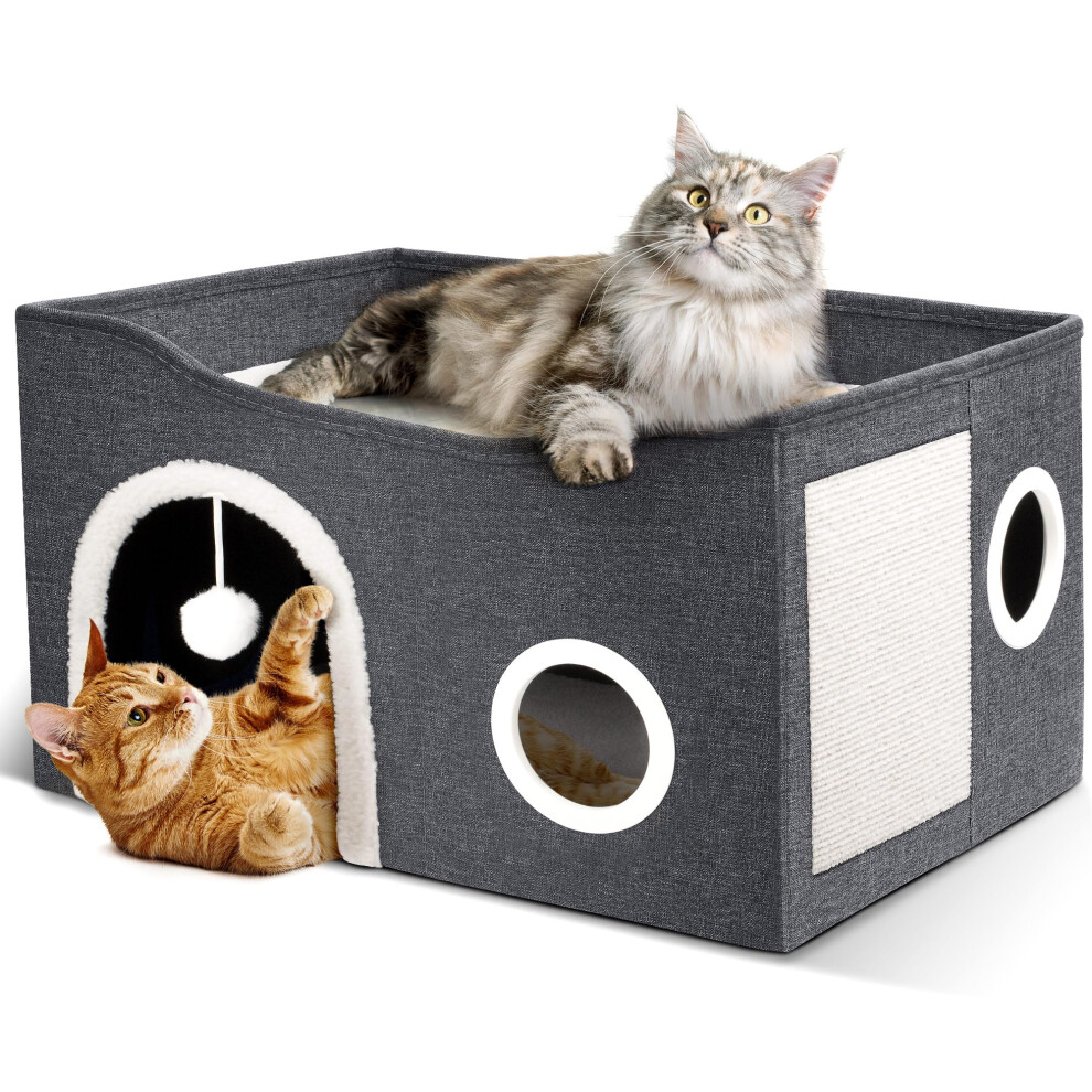 Heeyoo Cat House for Indoor Cats - Large Cat Bed Cave with Fluffy Ball and Scratch Pad Foldable Cat Houses & Condos Cat Cubes Cat Hideaway Covered