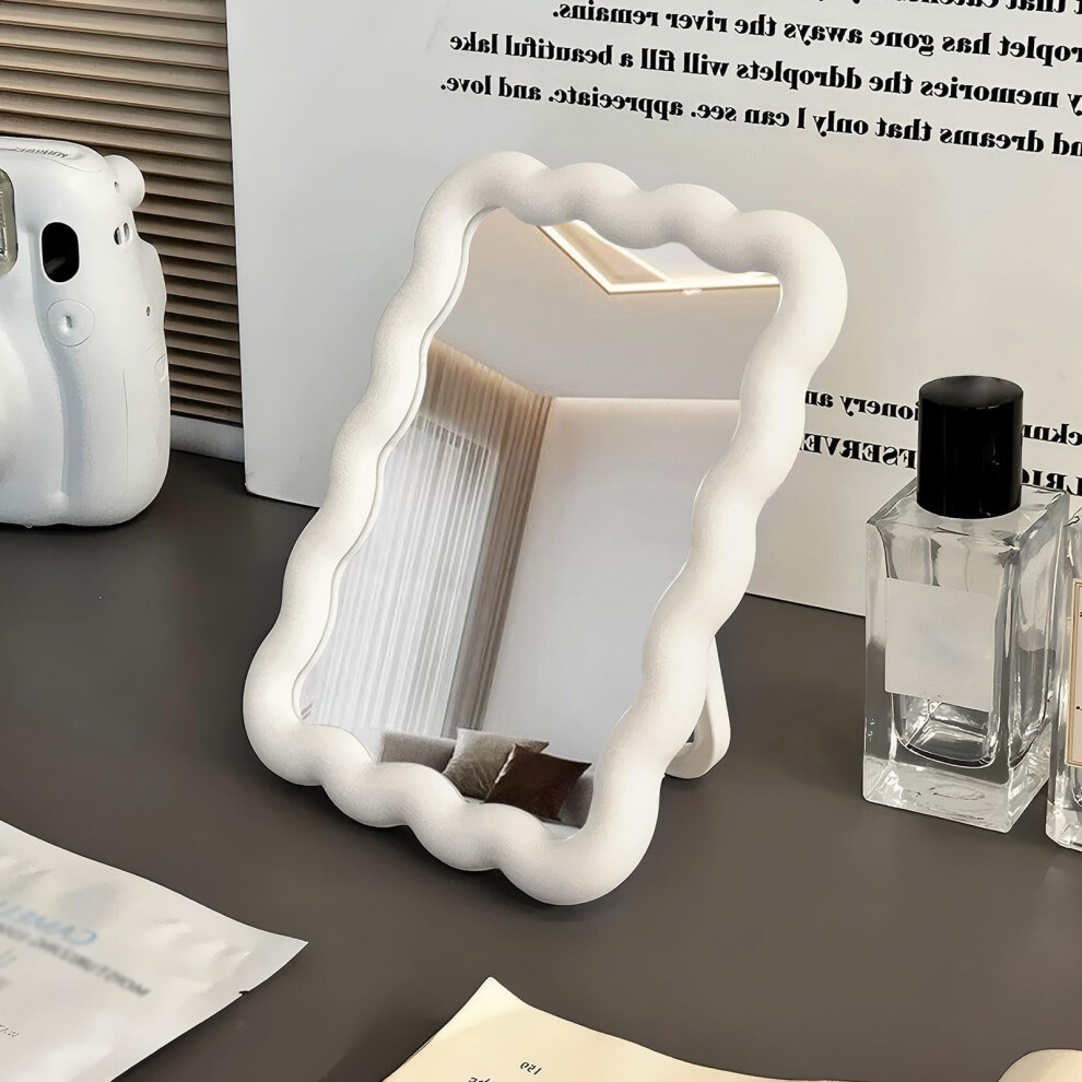 Ccredone Wave Shaped Table Desk Vanity Makeup Mirror Cute Portable Travel Folding Make Up Mirror For Standing Hanging 6.7X5.3 Inch Home Decoration (Wh