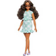 Barbie Fashionistas Doll # 240 avec cheveux brun fonc ondul portant des lunettes de soleil robes en vichy vert  volants et accessoires de lava