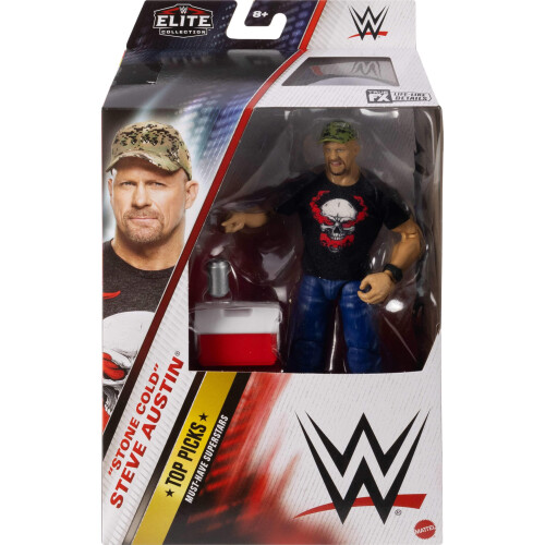 Mattel Conjunto de bonecos de ao e acessrios de elite da Mattel WWE Top Picks Stone Cold Steve Austin colecionvel de 6 polegadas com anel de mos tr 1