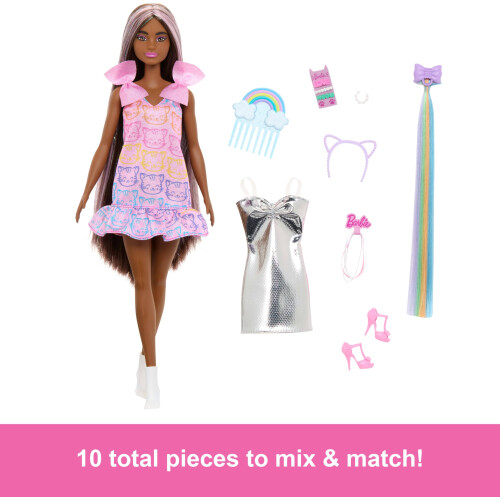 Barbie Boneca Barbie divertida e sofisticada e acessrios com cabelo preto extralongo e 2 looks, incluindo vestido prateado e extenso de cabelo 2
