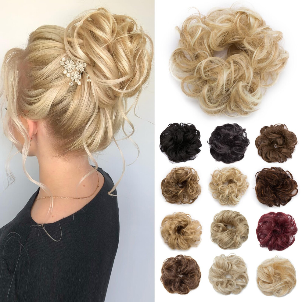 Benehair Unisex Dark Scrunchy Updo Wavy Straight Hair Bun Clip Messy Donut Chignons Synthetic Hairpiece Hair Extension ( Blonde & Bleach Blonde)