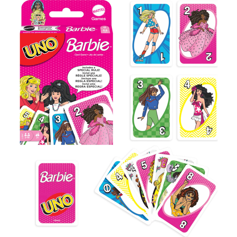 Mattel Games Uno Barbie Card Game With Special Hi Barbie! Rule For Kids Adults & Family Nights Game Nights Travel Camping & Parties.