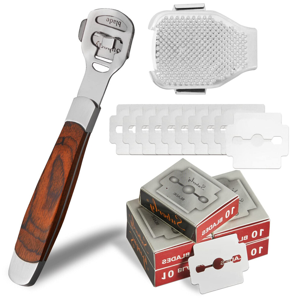 Jutoe 52Pcs Callus Shaver Set,1Stainless Steel Foot Razor Wooden Handle With 50Replacement Slices Blades And 1Foot File Head Foot Care Tools,Foot Shaver Cal