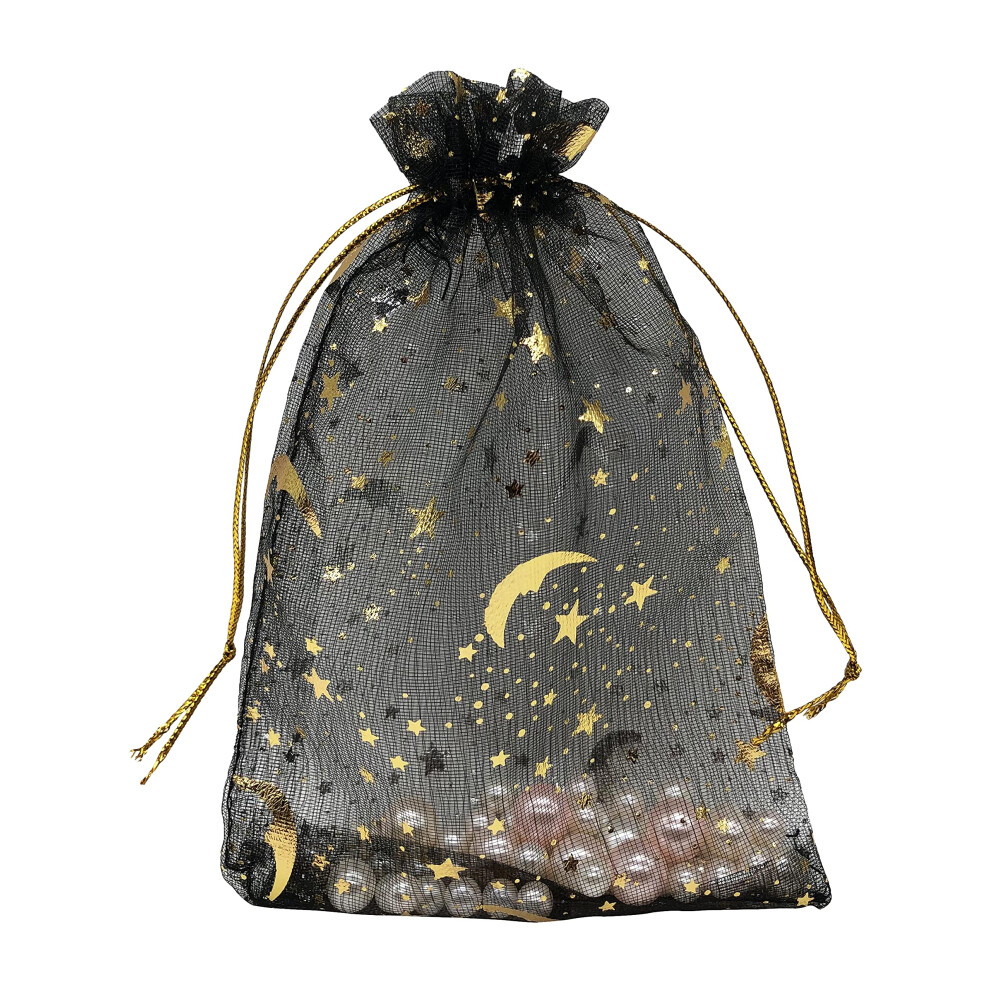 Jexila 100 Sztuk Czarne Torby Z Organzy 4X6 Ze Sznurkiem Torby Na Bizuterie Maly Ksiezyc Gwiazda Torby Siatkowe Na Upominek Weselny Torby Na Cuki-image