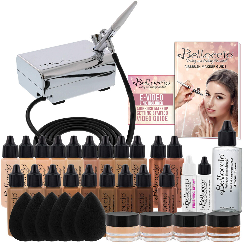 Belloccio Airbrush Cosmetic Makeup System With A Master Set Of All 17 Foundation Shades Plus Blush Shimmer And Bronzer All In 1/2 Oz Bottles