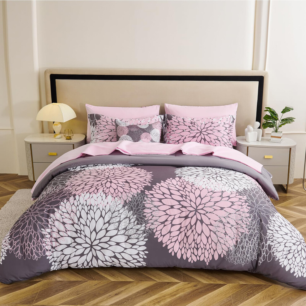 Koniroom 6 Pi Ces Rose Et Gris Couette Twin Taille - Lit Floral R Versible Dans Un Sac Avec Des Taies D'oreiller Fics Et Couvercle D Coratif-image