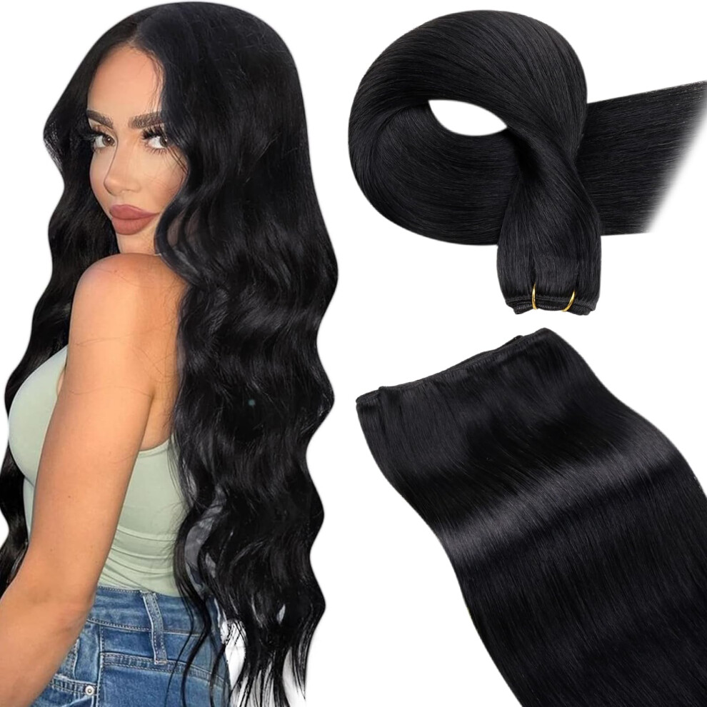 Laavoo Unisex Black Weft Hair Extensions Human Hair Women Sew In Wefts Human Hair Extensions Straight Weft Extensions Jet 20 Inch 100G