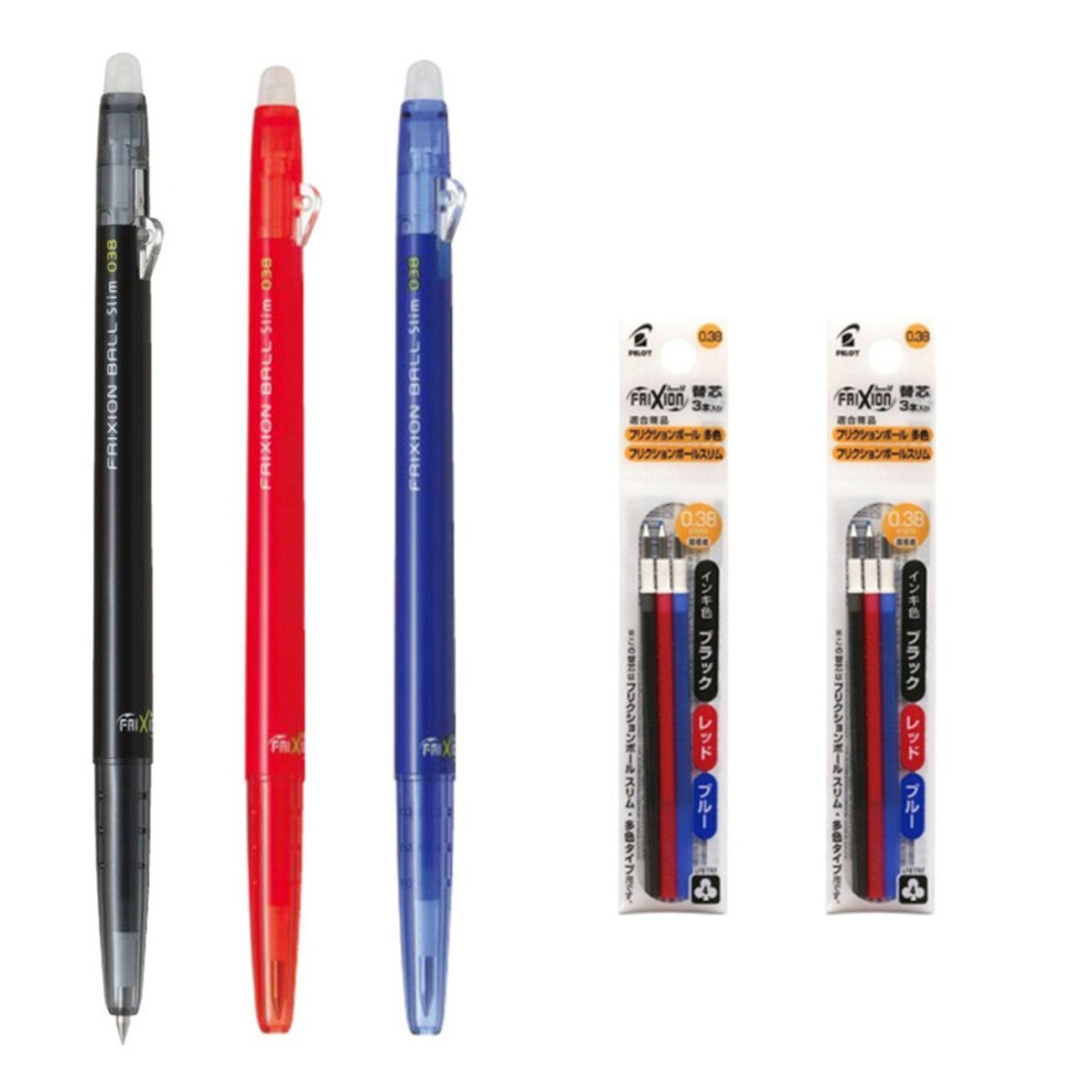 Pilot FriXion Ball Slim 038 Retractable Erasable Gel Ink Pen  Extra Fine Point 0.38mm  Black/Blue/Red Inks  3 Pens & 6 Refills Value Set