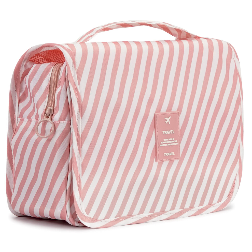 L&Fy Hanging Travel Toiletry Bag Women's Cosmetic Organizer Makeup Pouch Men's Dopp Kits With Handle(Pink Stripe)