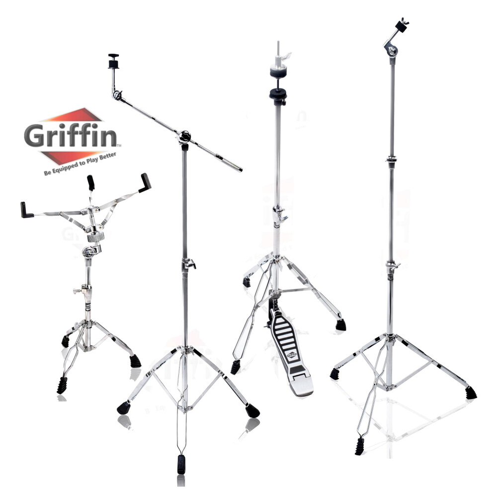 GRIFFIN Cymbal Stand Hardware Pack 4 Piece Set | Full Size Percussion Drum Hardware Kit with Snare Mount  Hi-Hat Pedal  Cymbal Boom  & Straight Cymbal