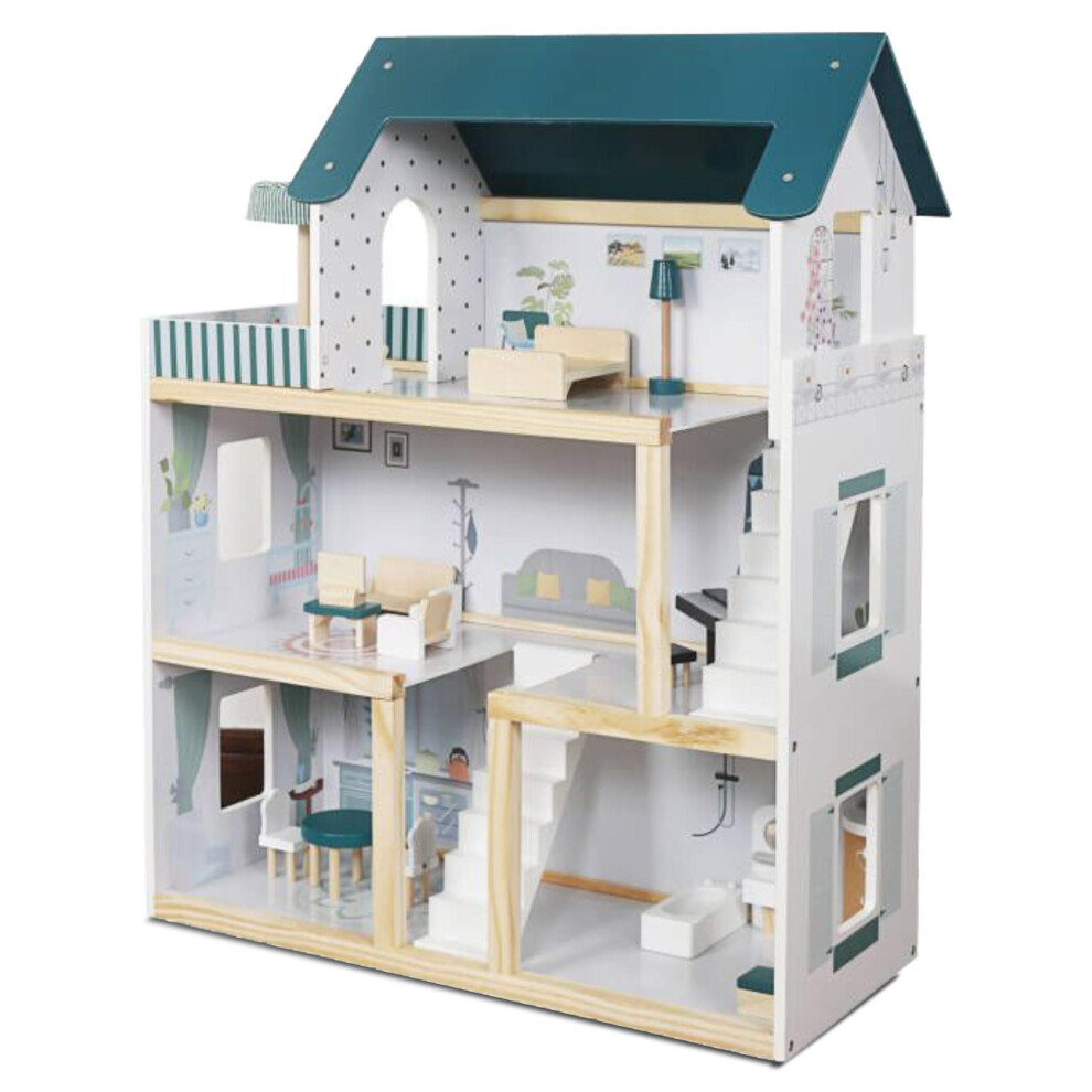 Photos - Doll Accessories Lil' Jumbl Kids Wooden Dollhouse, 17-Piece Accessories & Furniture are Included, with Balcony & Stairs, 3 Story Easy to Asse