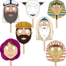 The Dreidel Company Pesach Character Masks Gelamineerde Pesach Stick Puppets voor Seder 7 Maskers Per Set (10 Sets)