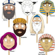Het Pasch -karakter van Dreidel Company maskeert gelamineerde pesach stick poppen voor Seder 7 maskers per set (2 sets)