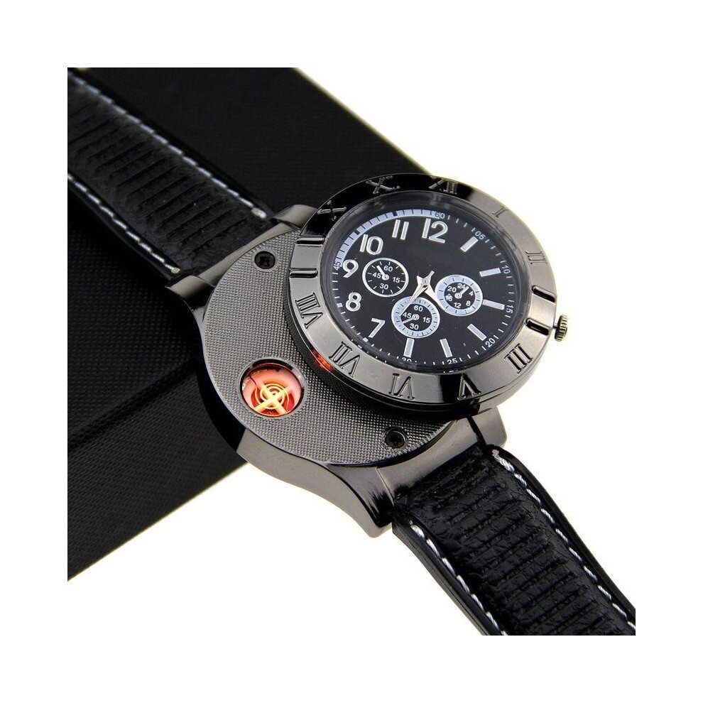 (Black)Men Watch Usb Cigarette Rechargeable Windproof Flameless Lighter Military Watch Black