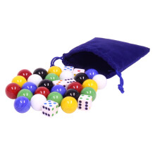 AmishToyBox.com 24 bardzo duze szklane kulki (srednica 22 mm) i 6 kostek w plciennym woreczku ze sznurkiem