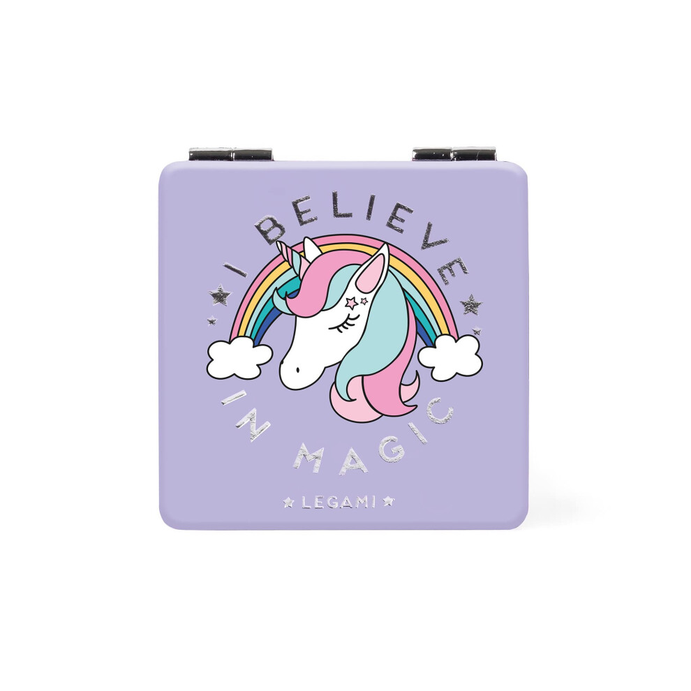 Legami - Handbag Mirror With Magnifying Mirror, Distortion-Free, Ideal For Purse And Travel, 6 X 6 Cm, Unicorn Theme