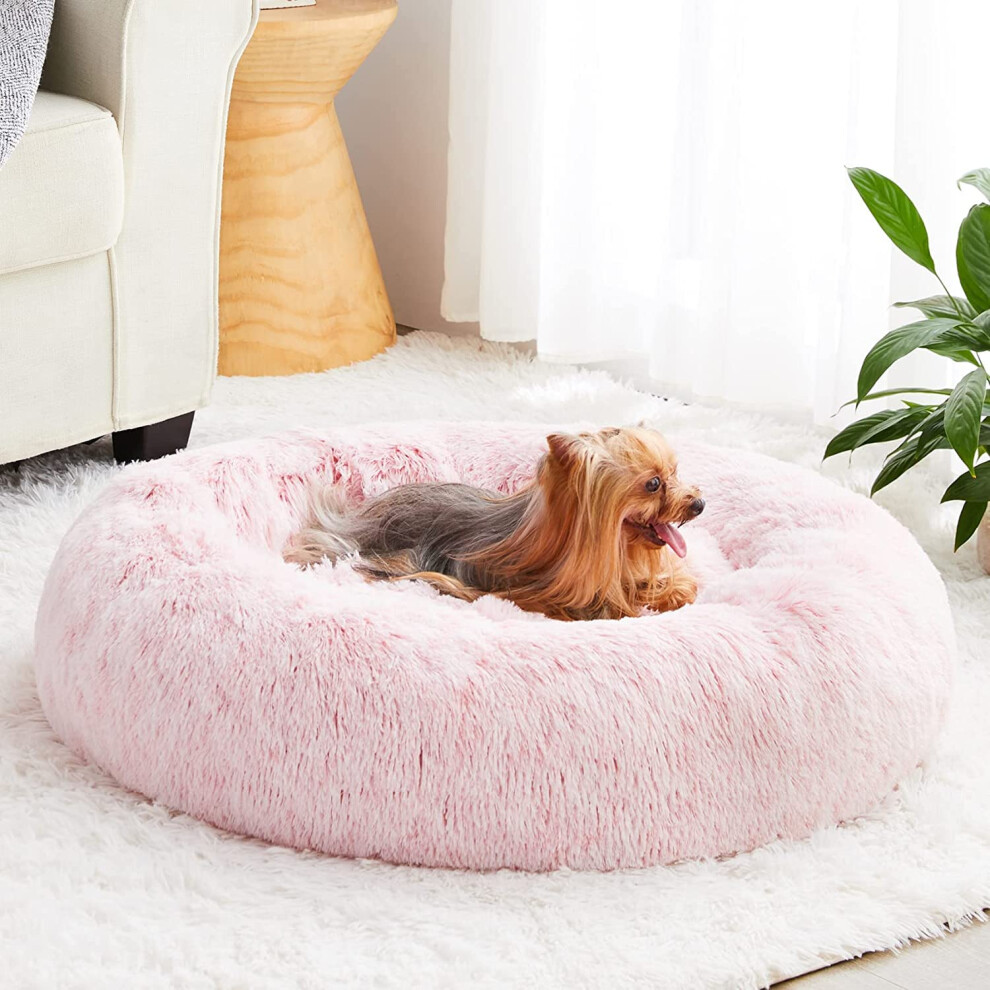 WNPETHOME Calming Dog Bed Cat Bed Donut Faux Fur Pet Bed Self-Warming Donut Cuddler Comfortable Round Plush Dog Beds (30 x 30 x 10 Inch Light Pink)