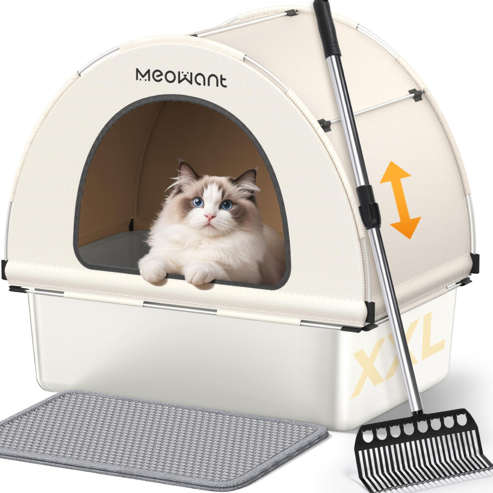 Meowant Stainless Steel Cat Litter Box 2025 New Upgraded Extra Large Metal Litter Box with High Sided Oxford Fabric Cover & Extendable Scoop Leakpro