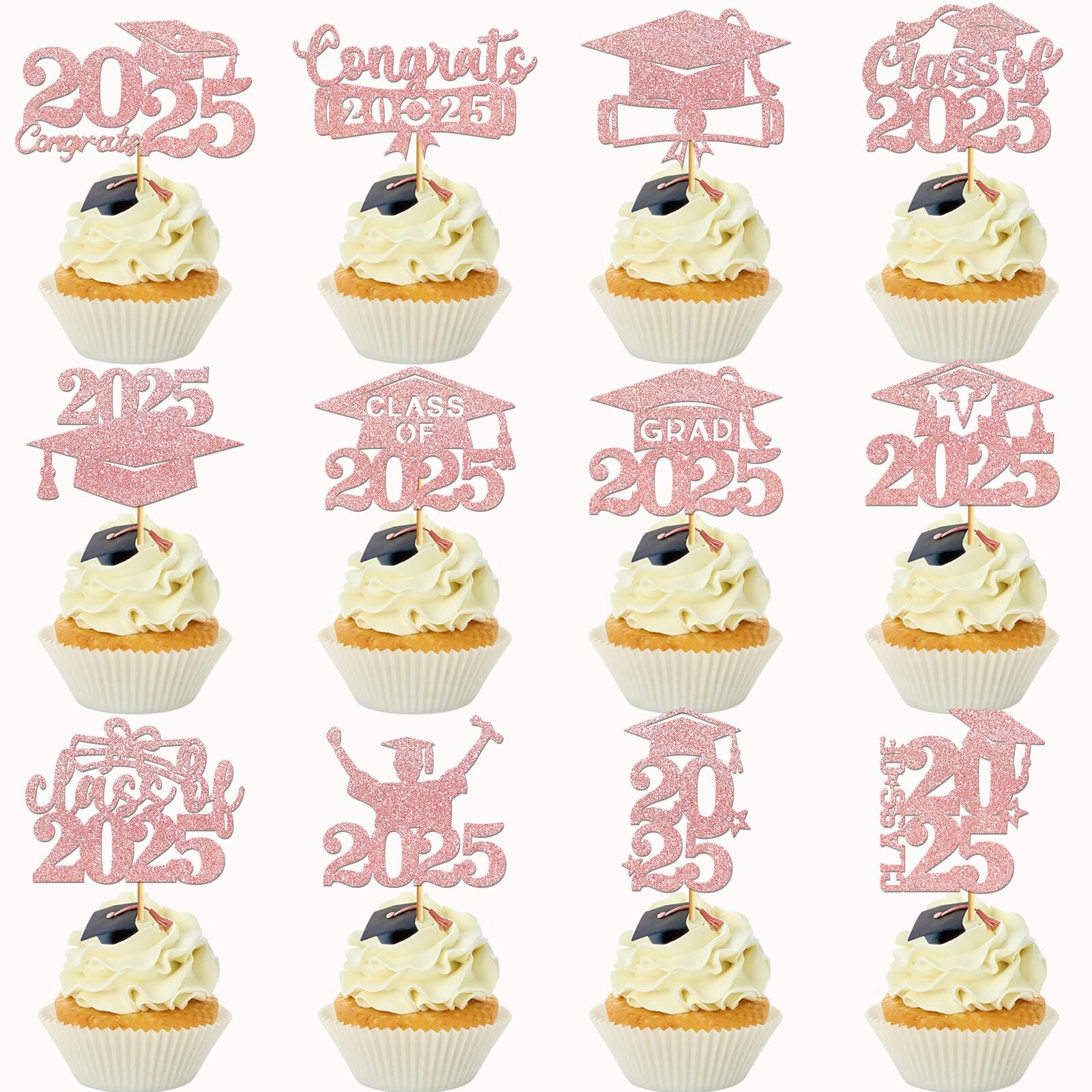 Sannix Cupcake-Topper Abschluss 2023 – 96 Stück, 4 Designs, Glitzernd, Für Kuchen & Desserts
