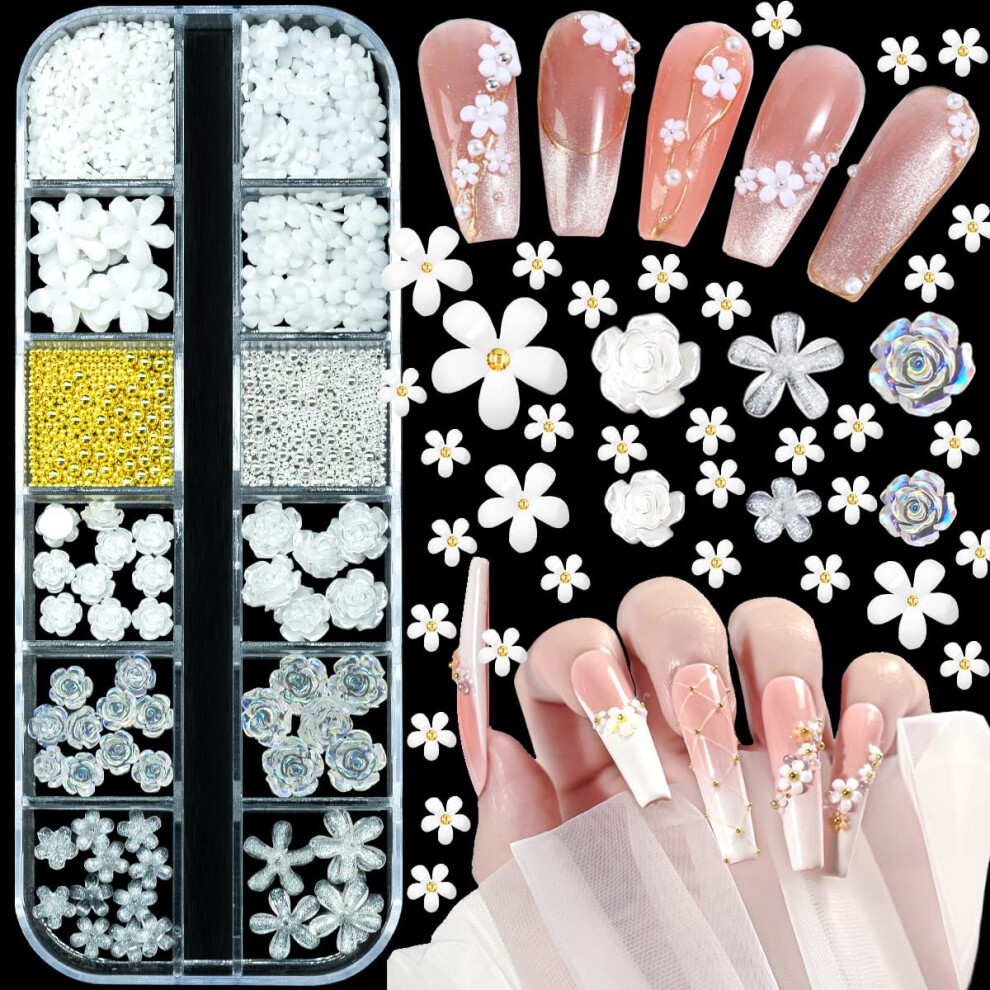 Qiipii White 3D Flowers For Nails 850Pcs Nail Art Kit Multi Design / Aurora Rose Nail Flower Charms Crystal Nail Glitter Decals Resin Flower Nail Decorati