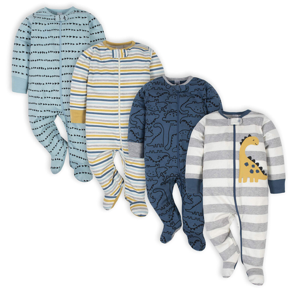 Gerber Baby Boys' 4 Pack Sleep 'N Play Footie  Dinosaur Blue  Newborn