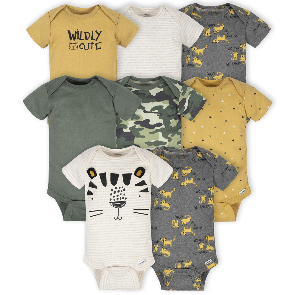 Gerber Baby Boy's 8-Pack Short Sleeve Onesies Bodysuits  Tiger Green  12 Months