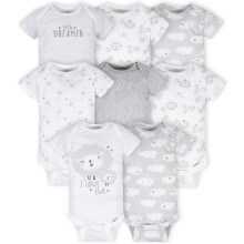 Gerber Baby 8-Pack Korte Mouwen Rompers, Schapen Grijs, Pasgeboren