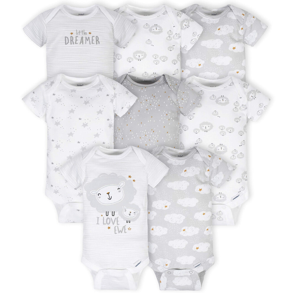 Gerber Baby 8-Pack Short Sleeve Onesies Bodysuits  Sheep Grey  6-9 Months
