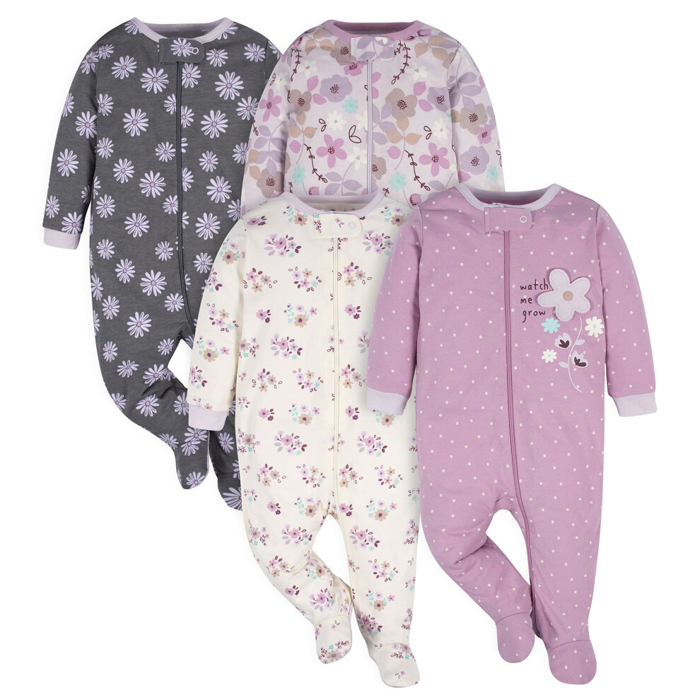 Gerber Baby Girls 4 Pack Sleep 'N Play Footie Lavender Garden Preemie