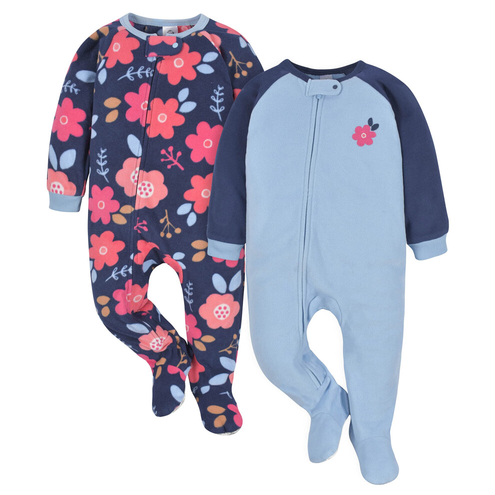 Gerber Baby Girls Toddler Loose Fit Flame Resistant Fleece Footed Pajamas 2-Pack Floral Blue 5T