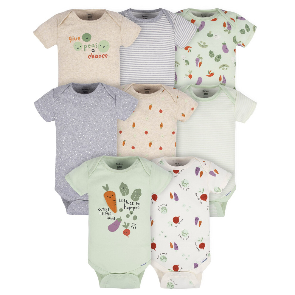 Gerber Baby 8-Pack Short Sleeve Onesies Bodysuits  Happy Veggies  6-9 Months