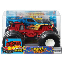Truck di mostri Hot Wheels Rodger Dodger 1:24 Cromo blu in fast di cima con fiamme arancioni