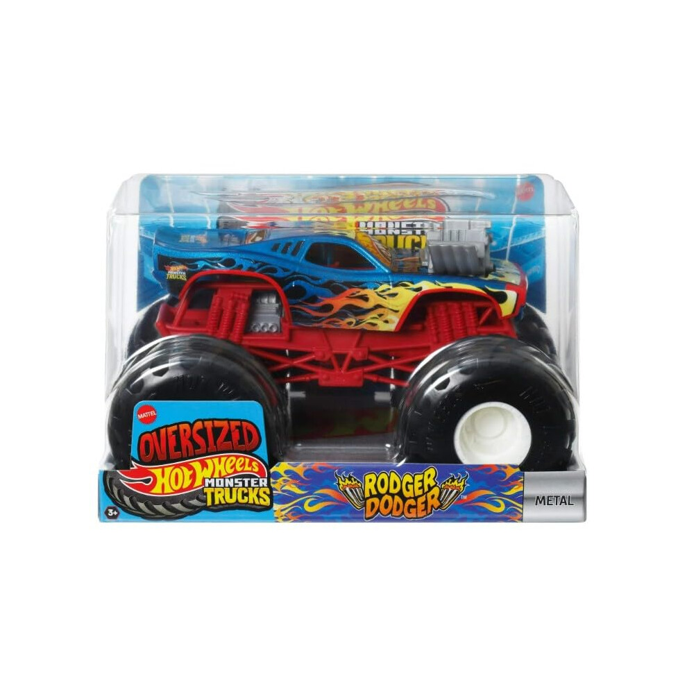 Hot Wheels Monster Trucks Rodger Dodger 1:24 Scale Die-Cast Chrome With Flames Blue/Orange