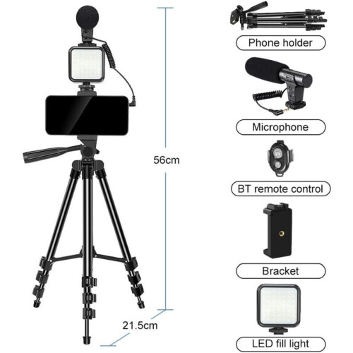 (black) Vlogging Kit for iPhone/Androidphone/Cameras Phone Holder for Video Recording with 50" Extendable Tripod/Capture Remote 2