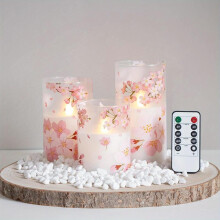 (Pink, 1 set) Flameless Glass Candle Light, Battery Powered LED Candle Light with Remote Control, Floral Pattern Candle Light with Timer, Decorative Light