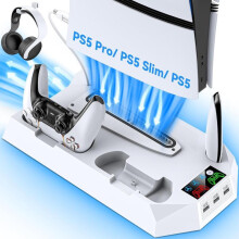 (Default) PS5/PS5 Pro Stand with Controller Charging Station for All Playstation 5 Console, PS5 Cooling Stand with 3 Levels Cooling Fan/Headset Holder